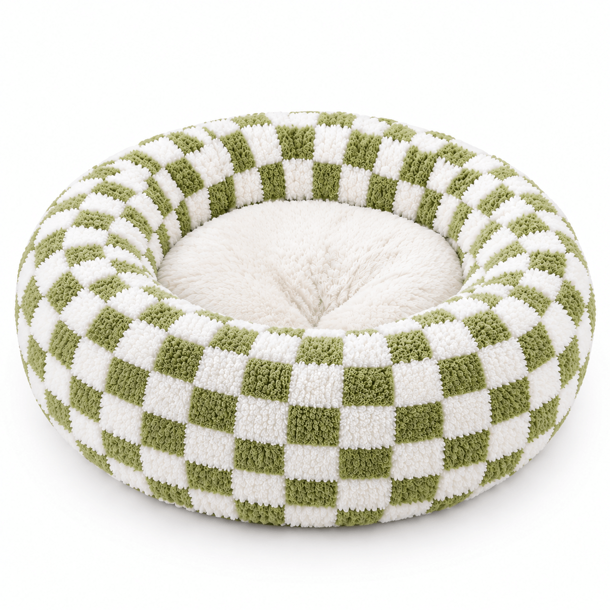 Custom Checkered Donut Pet Bed Manufacturer in China | OEM & ODM Green & White Plush Round Dog & Cat Bed